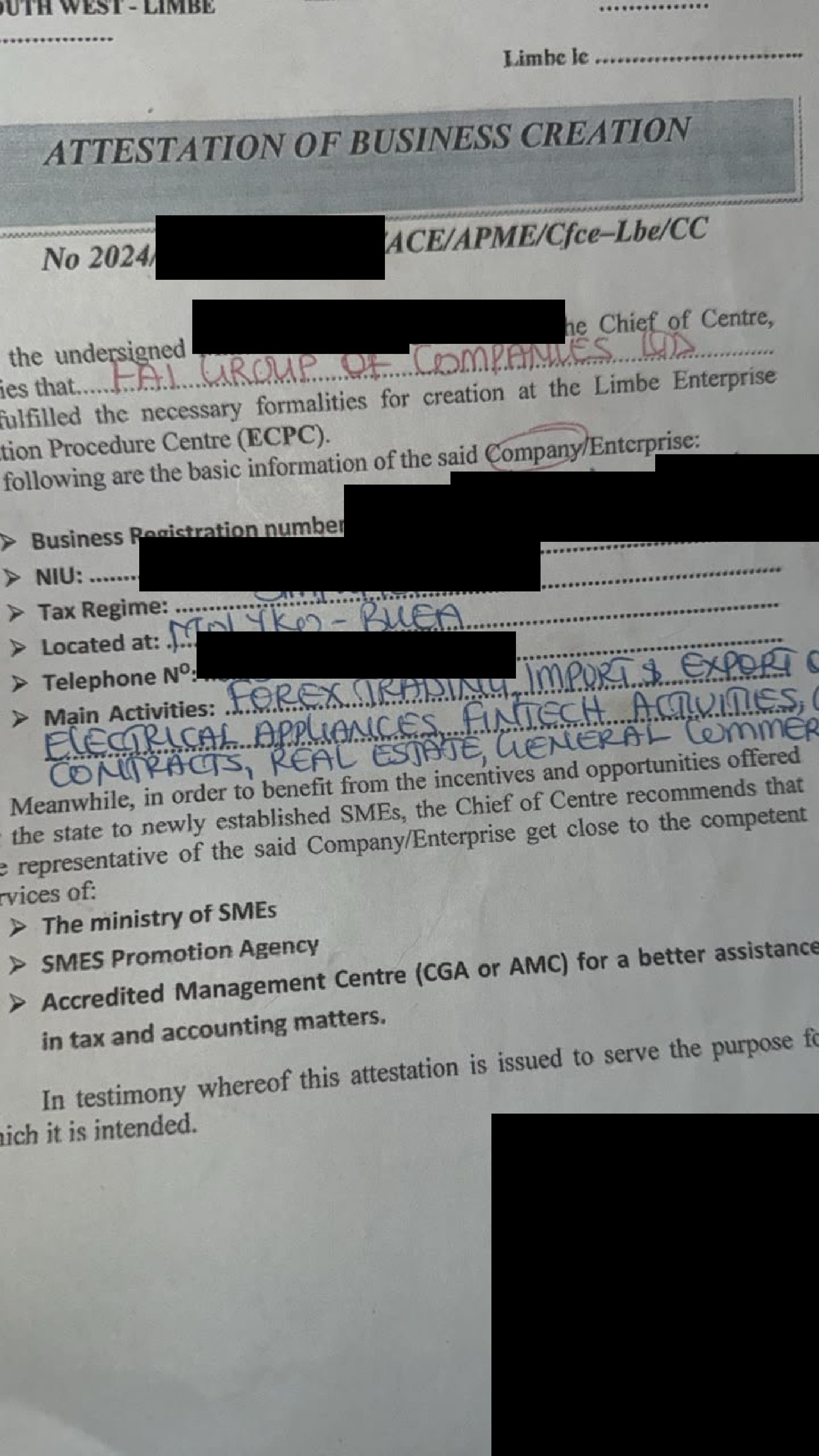 Attestation of Business Creation issued to FAI GROUP OF COMPANIES LTD (redacted copy)